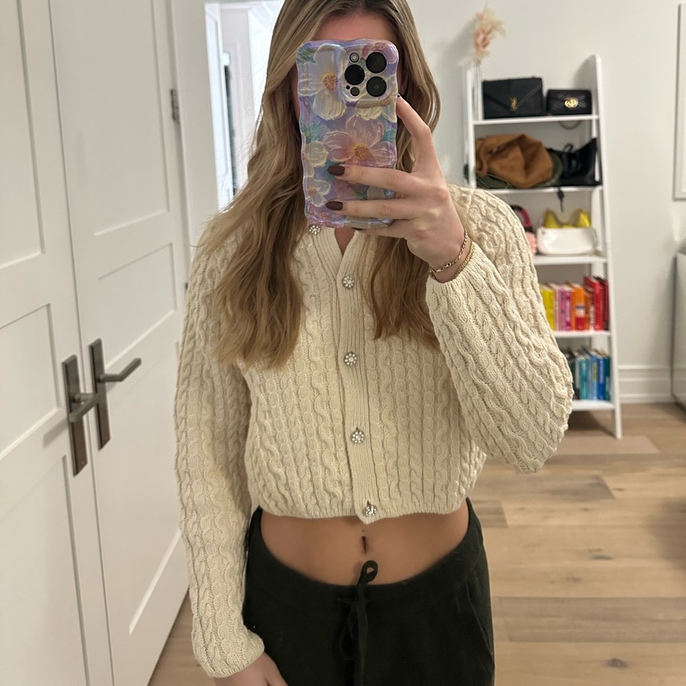 Off white cable knit cropped cardigan with gems